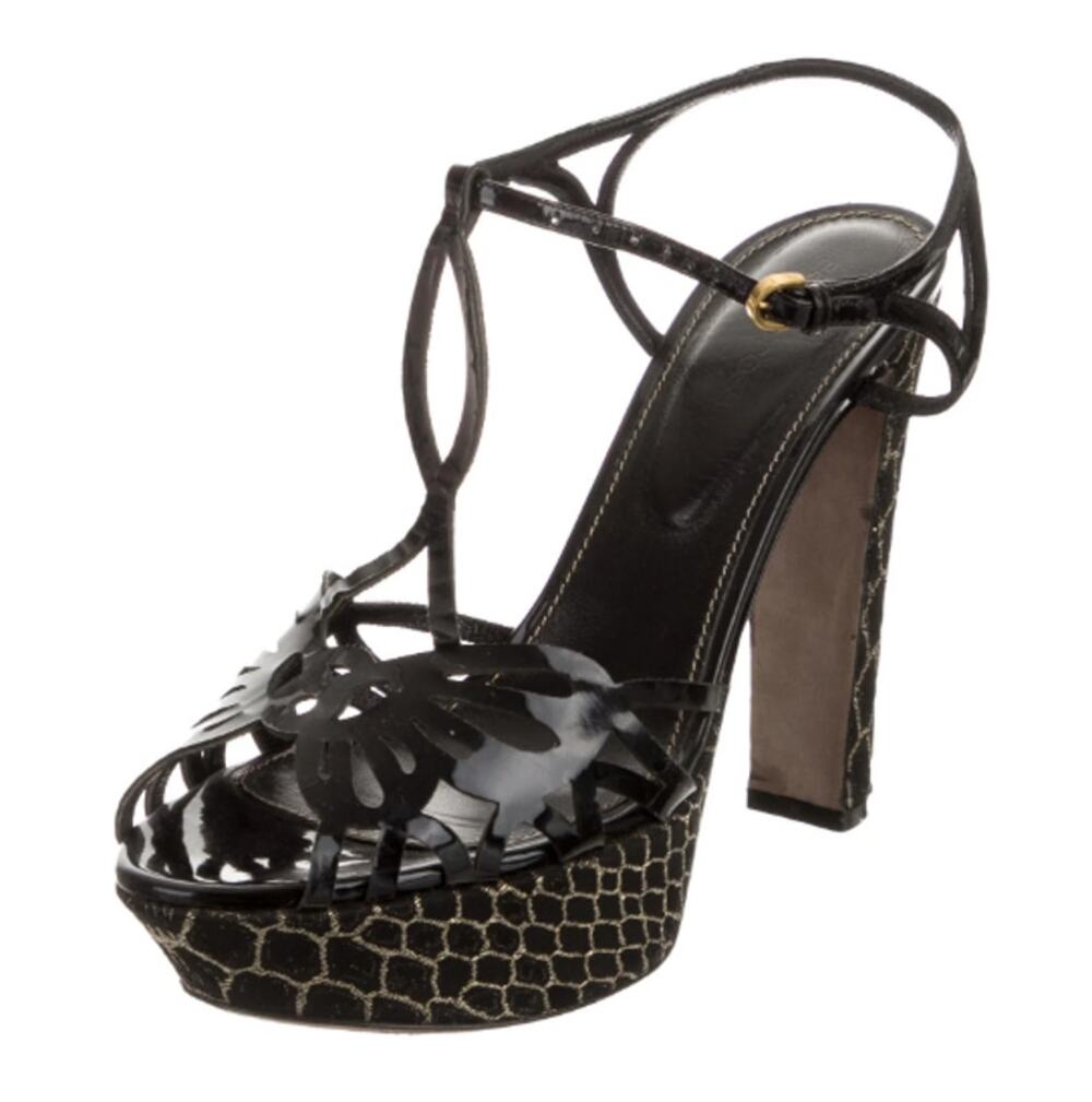 Sergio Rossi Black Gold Patent Leather Platform Heels Y2K Indie Sleaze Glam Chic